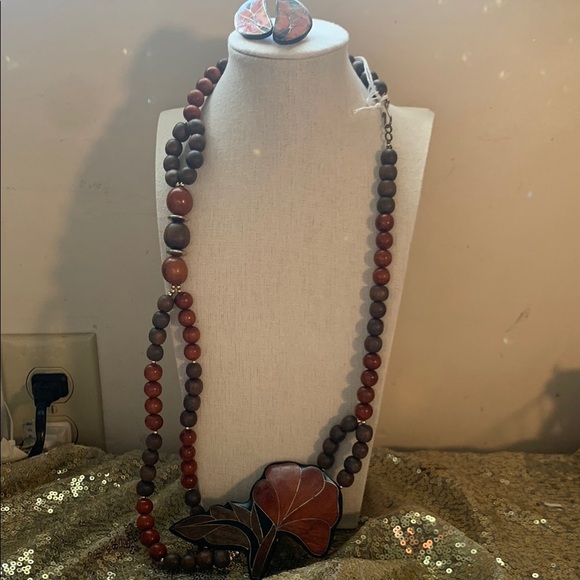 Vintage Wooden Beaded Necklace and Earring Set - Picture 1 of 6